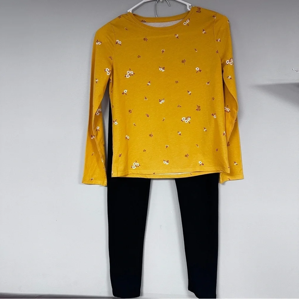 Girls New Yellow Floral Long Sleeve Tee with Black Warm Leggings, L (10-12)